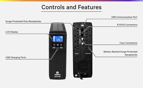 Vertiv Liebert PSA5 UPS - 1500VA 900W 120V Line Interactive AVR Tower UPS, 10 outlets, 2 USB Charging Ports, Battery Backup w/ Surge Protection, 3 year warranty, Energy Star Certified(PSA5-1500MT120)