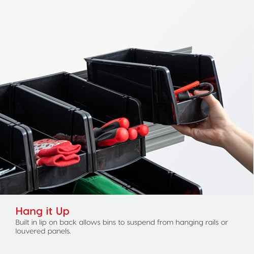 IRIS USA Medium Stackable Storage Bins, 4-Pack, 11" L x 6" W x 5" H, |Made in USA|, Plastic Open Front Shelf Bin for Organizing Parts, Hardware, Tools, Supplies, Garage Shelf, Pantry - Black