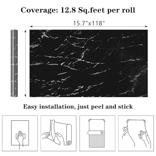 Black Marble Peel and Stick Wallpaper - Black Contact Paper Granite Wallpaper for Kitchen & Bathroom | Self-Adhesive, Waterproof, Removable (15.7"x118")