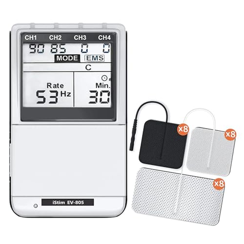 iSTIM EV-805 TENS EMS 4 Channel Rechargeable Combo Machine Unit - Muscle Stimulator + Back Pain Relief and Management- 24 Programs/Backlit (Including Electrodes Pads)