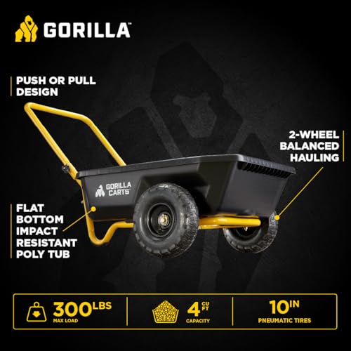 Gorilla Carts GCR-4 4 Cu. Ft Poly Yard Cart, 300-pound Capacity, Garden Cart with 30in x 24in impact-resistant poly bed and 10in pneumatic tires, Black/Yellow
