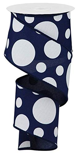 Giant Two Size Polka Dot Wired Edge Ribbon - 10 Yards (Navy, White, 2.5 Inch)