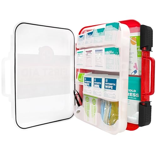 Be Smart Get Prepared First Aid Kit Hard Red Case 326 Pieces Exceeds OSHA and ANSI Guidelines 100 People - Office, Home, Car, School, Emergency, Survival, Camping, Hunting and Sports (20HBC01015REV3)
