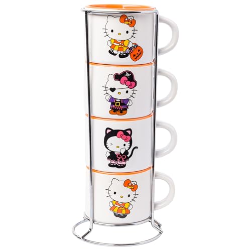 Silver Buffalo Sanrio Hello Kitty Halloween Themed 4 pack Ceramic Espresso Set with Storage Rack, 3 Ounces