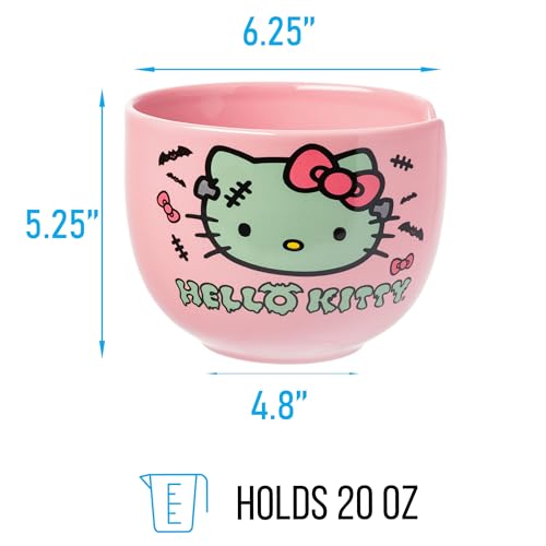 Silver Buffalo Sanrio Hello Kitty Halloween Spooky Frankenstein Ceramic Ramen Bowl with Chopsticks, Microwave Safe, 20 Ounces
