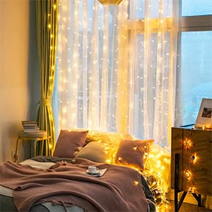 Christmas Curtain Lights 3m x 3m 300 LED, Curtain Fairy Lights Indoor/Outdoor, 8 Modes Remote Window Lights Adjustable Brightness, Curtain Light Warm White for Bedroom, Garden,Party,Christmas