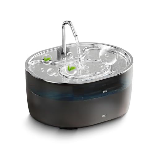 Furrcali Cat Water Fountain 108oz/3.2L, Stainless Steel Lid & Transparent PC Tank, BPA-Free, Pet Water Dispenser for Cats & Dogs, Automatic Cat Fountain with 5 Replacement Filters, Ultra Quiet Pump