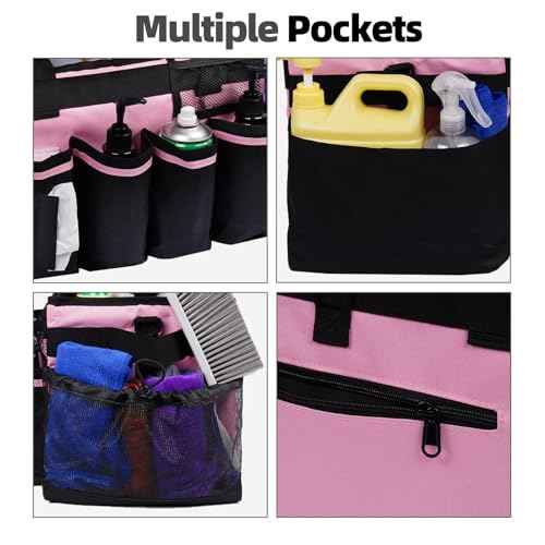 Large Cleaning Caddy, Professional Wearable Supplies Bag for Housekeepers, House Cleaners, and Car Detailing - Organizer Tote With Handle, Pink