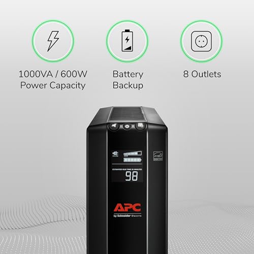 APC UPS 1000VA UPS Battery Backup and Surge Protector, BX1000M Backup Battery Power Supply, AVR, Dataline Protection