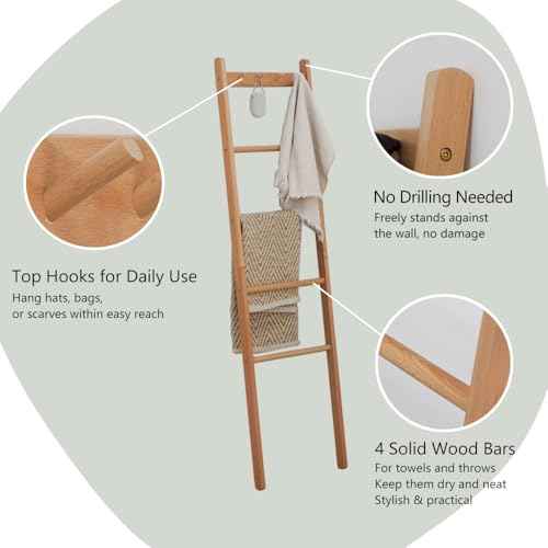 Beech Wood Blanket Ladder, 5.3ft Natural Farmhouse Quilt Holder with Top Hooks, 4-Bar Decorative Throw Rack, Towel Shelf for Living Room, Bedroom, Small Space Storage (Natural)