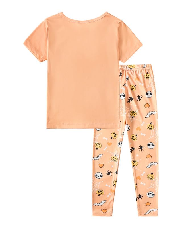 MyFav Halloween Girl Pajamas Set Cute PJS Short Sleeve Long Pants Sleepwear Crew Neck Kid PJS Night Clothes,Light Orange,10Y