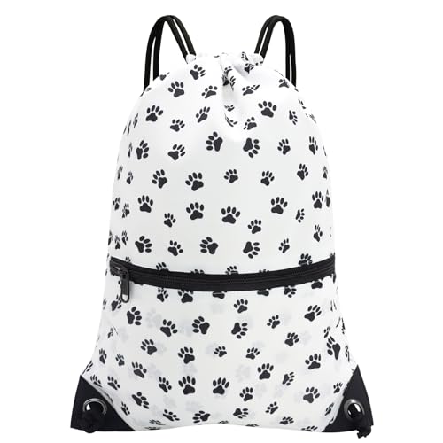 HOLYLUCK Drawstring Backpack Bag Sport Gym Sackpack (white background black Dog Paw Prin)