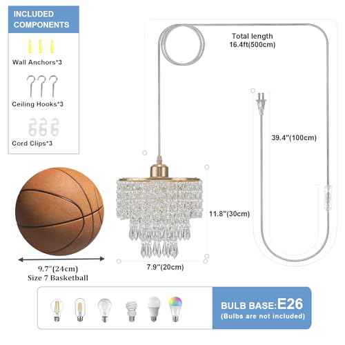 8" Plug in Pendant Light Corded Hanging Lights with Plug in Cord Hanging Lamp Plug in with 16.4 Ft Cord Mini Chandelier for Bedroom Kitchen Island Hallway Bathroom Closet (Gold)