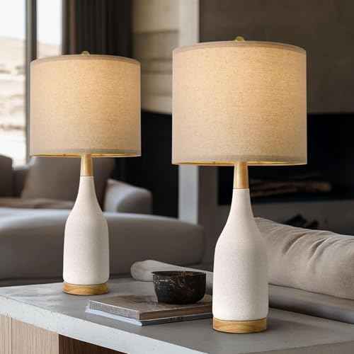 PORTRES 27" Ceramic Table Lamps for Bedroom Living Room Vintage Lamp Set of 2 Bedside Nightstand Lamp Large Farmhouse Rustic Boho Retro Modern Table Lamp Light Home Office Desk Deco Gifts, White