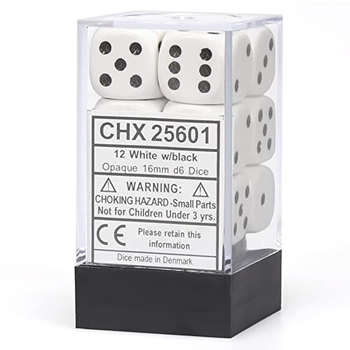 Chessex Opaque 16mm D6 White/Black Dice Block 12 Pipped Dice, Multicolor