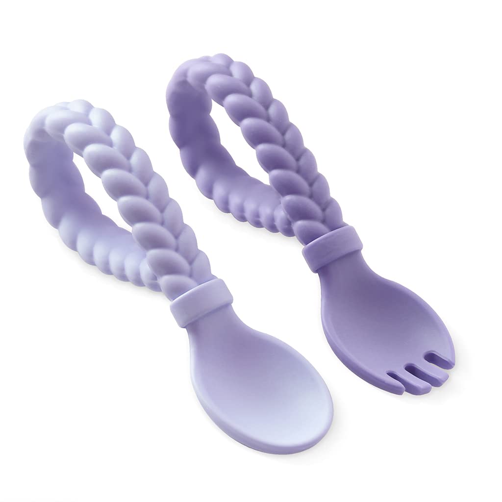 Itzy Ritzy Silicone Spoon & Fork Set; Baby Utensils Featuring a Baby Fork and Spoon with Looped, Braided Handles - Made of 100% Food Grade Silicone & BPA-Free - Ages 6 Months and Up (Amethyst/Purple)