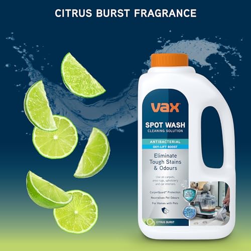 Vax SpotWash Antibacterial 1L Spot Cleaning Solution, Upholstery Carpet Stain Remover Shampoo, Citrus Burst Scent, Removes 99% of Bacteria, Breaks Down and Lifts Tough Stains, 1-9-143107, White