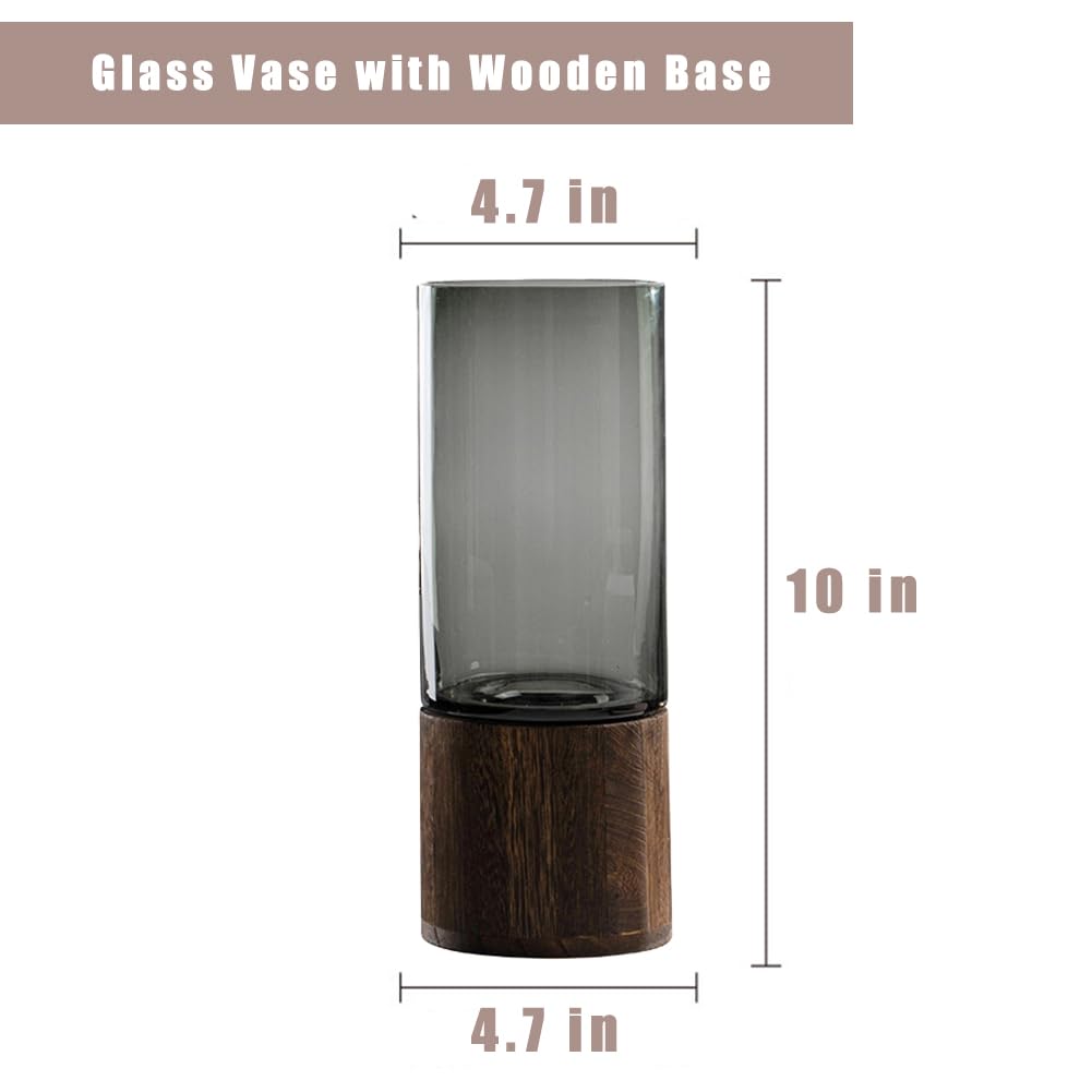 Artistic Wood Glass Vase, 10" H, Wooden Base Cylindrical Flower Vase, Classic Boho Rustic Style for Fireplace Bedroom Kitchen Living Room Centerpieces Office Desk