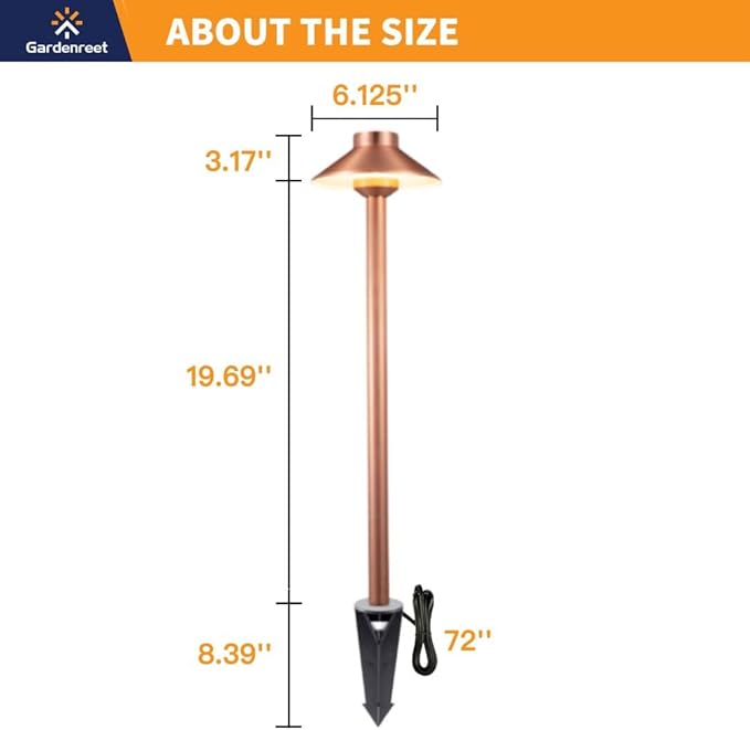Gardenreet Outdoor Brass Low Voltage Driveway Lights, Copper Electric Waterproof Pathway Lighting, Wired Bronze Hat Top Path Lights for Sideway Garden Patio with 3W 270LM 4000K G4 Bulb 10 Pack