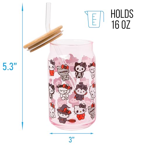 Silver Buffalo Sanrio Hello Kitty and Friends Halloween Spooky Costumes Ghost Witch Vampire Zombie Frankenstein Skeleton Pink Glass Jar Tumbler with Bamboo Lid and Glass Straw, 16 Ounces