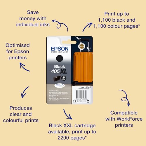 Epson 405XL Black Suitcase High Yield Genuine, DURABrite Ultra Ink,XL High Capacity