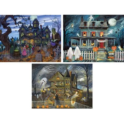 Bits and Pieces - Value Set of Three - 300 Piece Jigsaw Puzzles for Adults - Large Piece 300 pc Halloween Jigsaws by Artist Ruane Manning - 18” x 24”