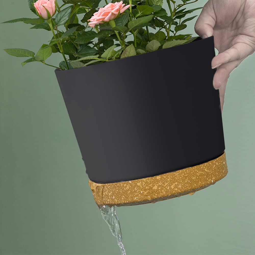 ZMTECH 16.5cm Plant Pots, Modern Planters with Drainage Holes and Detachable Saucer, Plastic Flower Pots for Plants for House Garden Windowsill (Set of 2, Dark Grey)