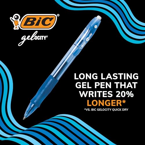BIC Gelocity Original Blue Gel Pens, Medium Point (0.7mm), 12-Count Pack, Retractable Gel Pens With Comfortable Grip