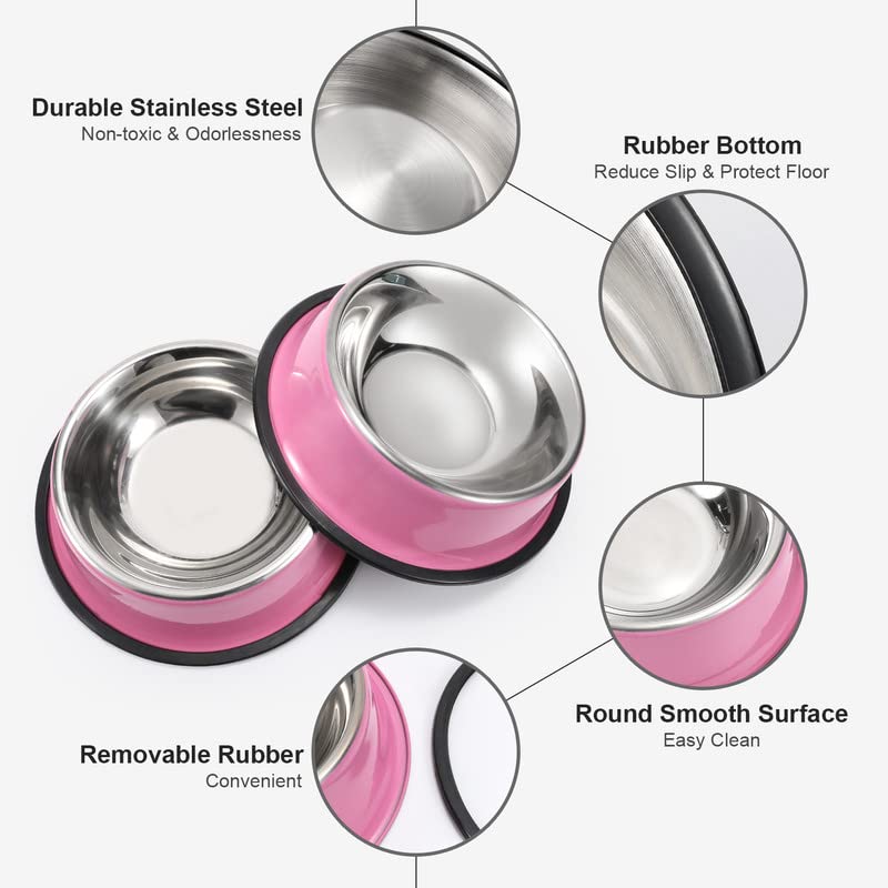WERFORU 2 Pieces Dog Bowls Stainless Steel Dog Cat Pet Bowls for Feeding Water and Food Pink Medium Size