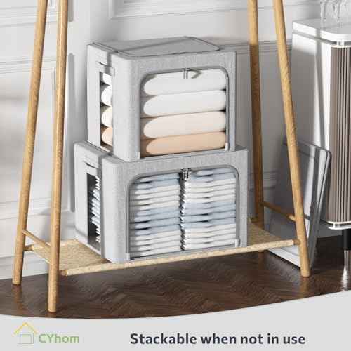 CYhom Clothes Storage Bins Box - Linen Fabric Foldable Stackable Container Organizer Set with Clear Window & Carry Handles & Metal Frame (Light Grey, Medium-36L)