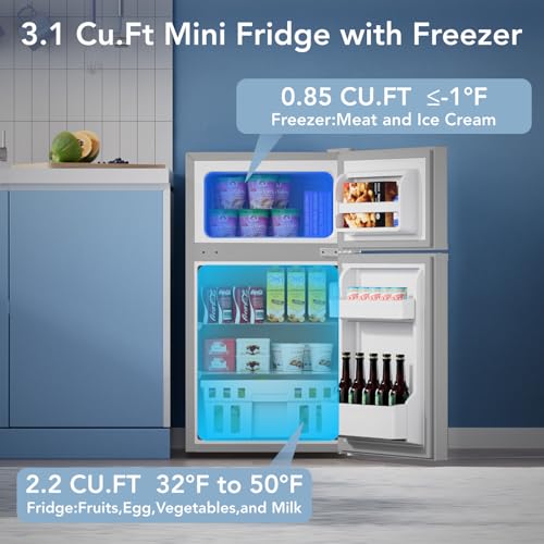 Electactic 3.1 Cu.Ft Small Fridge with Freezer, Compact Refrigerator with 2 Doors, Mini Fridge with Adjustable Removable Glass Shelves for Bedroom, Dorm, Office or Apartment,Grey
