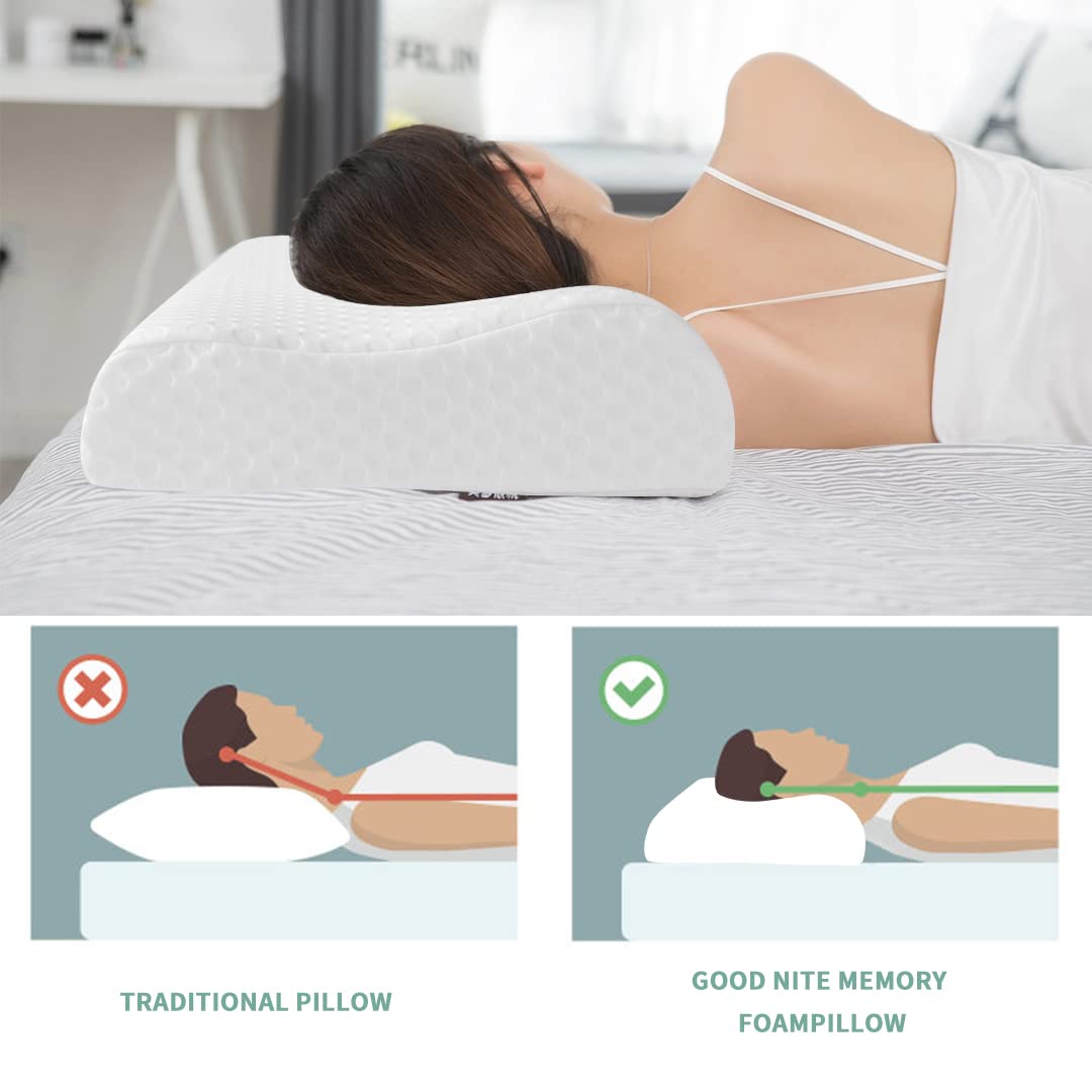 Good Nite Memory Foam Pillow Neck Support Pillows Orthopaedic Cervical Soft Deep Sleep for Side Sleepers and Back with Washable Cover 65 x 35 cm Standard Size White