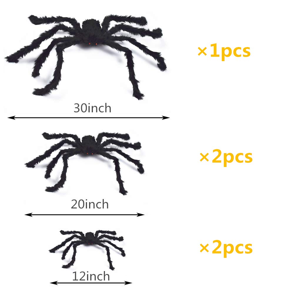 BEIGUO 5pcs Halloween Spider Set: Giant Hairy Spider with Red Eyes, Bendable Legs - Scary Decorations for Patio, Yard, Garden, House (30", 20", 12")