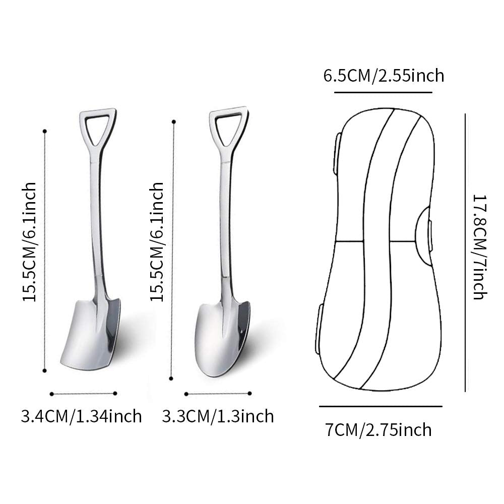 Dessert Spoon Cute Shovel Spoon, SUS304 Stainless Steel Spade Spoons Fruit Coffee Cake Spoon, Dishwasher Safe, 2pcs Spoons with Plastic Box Package