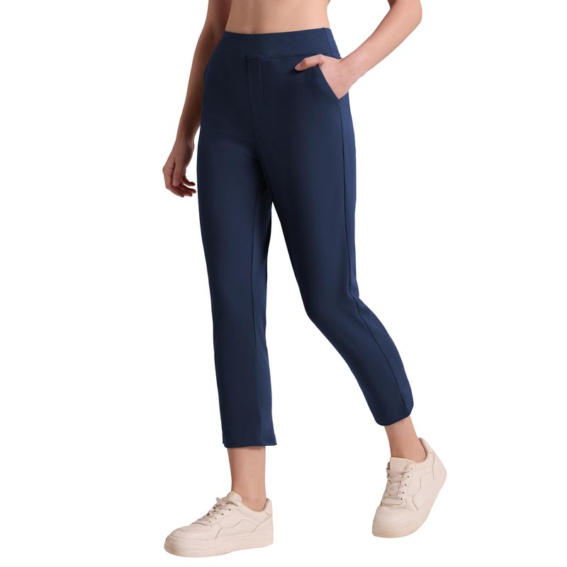 QBK Women's Petite Ankle Pants - 25"/27" Stretchy Business Casual Slacks, Pull On Work Dress Pants with Pockets for Travel, Golf & Yoga(Navy,M,25" Inseam)
