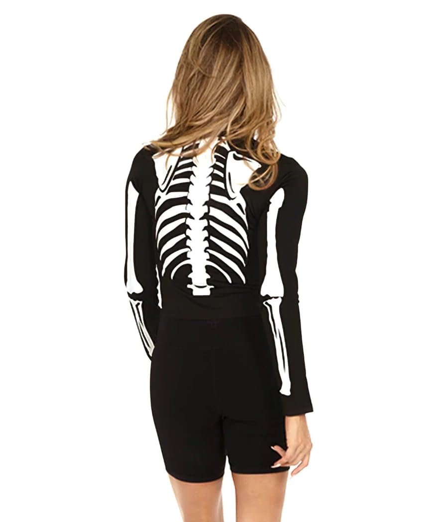 Tipsy Elves Halloween Women’s Skeleton Costume Shirt - Cute and Spooky Adult Womens Skeleton Shirts - Front Printed Ribcage and Bones Black Long Sleeve Crop Top Size Medium