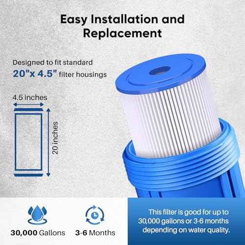 PUREPLUS 5 Micron 20" x 4.5" Whole House Pleated Sediment Filter for Well Water, Replacement Cartridge for ECP20-20BB, AP810-2, SPC-45-2020, R30-20BB, HDC3001, ECP5-20BB, 2Pack