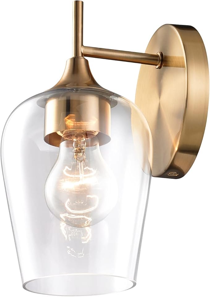 Hamilyeah Brass Wall Sconce Lighting Fixture, Gold Bathroom Lighting with Clear Champagne Glass Shade, Classy and Simple Wall Lights for Bedside, Theater, Dining Room,Rest Room