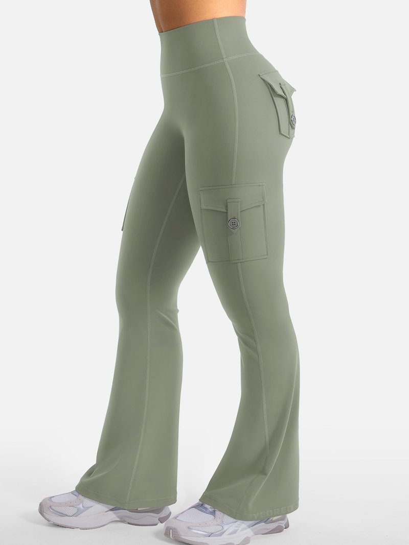 YEOREO CoreFlex Women Workout Flare Leggings with Pockets Hidden Scrunch High Waisted Cargo Gym Yoga No Front Seam Leggings Light Army Green M