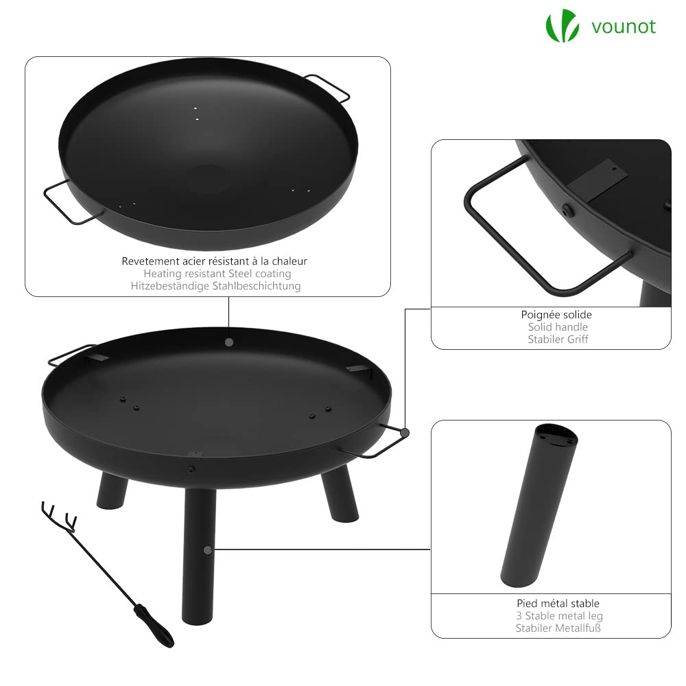VOUNOT Fire Pit for Garden with Grate and Poker, Outdoor Patio Heater Charcoal Log Wood Burner, Fire Bowl for Bonfire, Camping, Diameter 60 cm