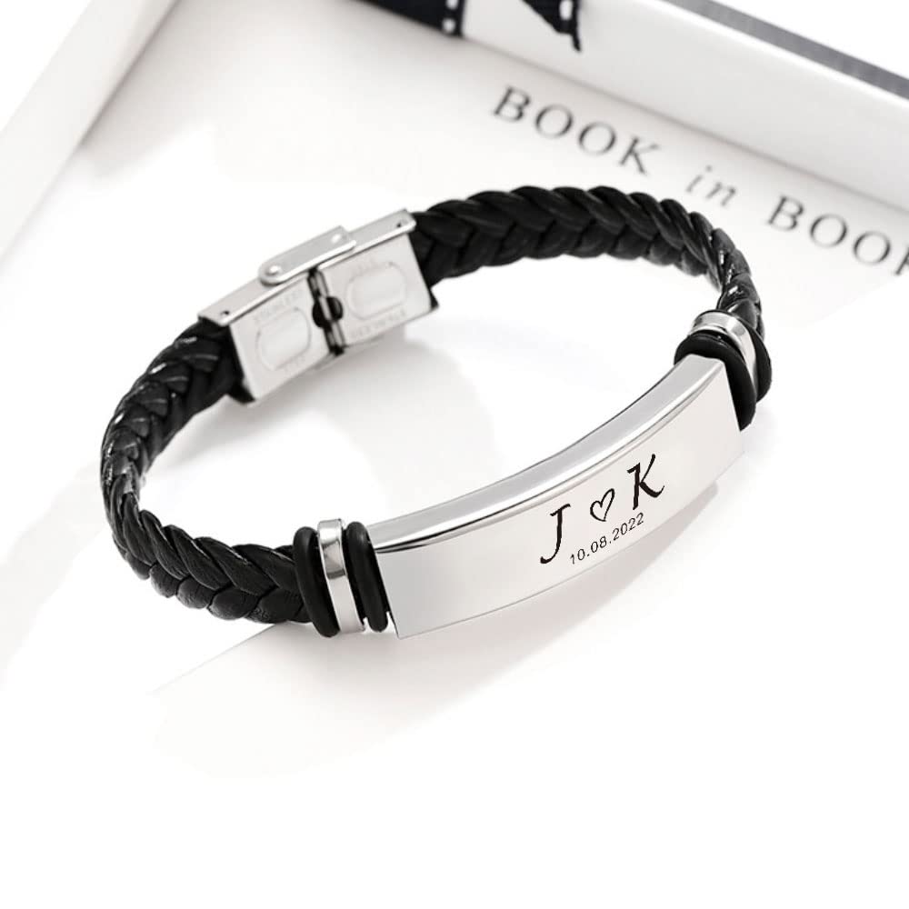 EDSG Valentines Day Gifts for Him Personalized Mens Bracelet Custom Engraved Bracelets for Men Personalized Gifts for Men Boyfriend Husband Dad Birthday Wedding Anniversary(Design 1)