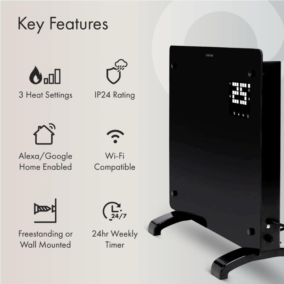 Devola Wifi Enabled Smart Electric Glass Panel Heater 2000W | Alexa Heating Control, Open Window Detection, Wall Mounted & Free Standing Low Energy Heaters with Timer | Lot 20, DVPW2000B (Black)