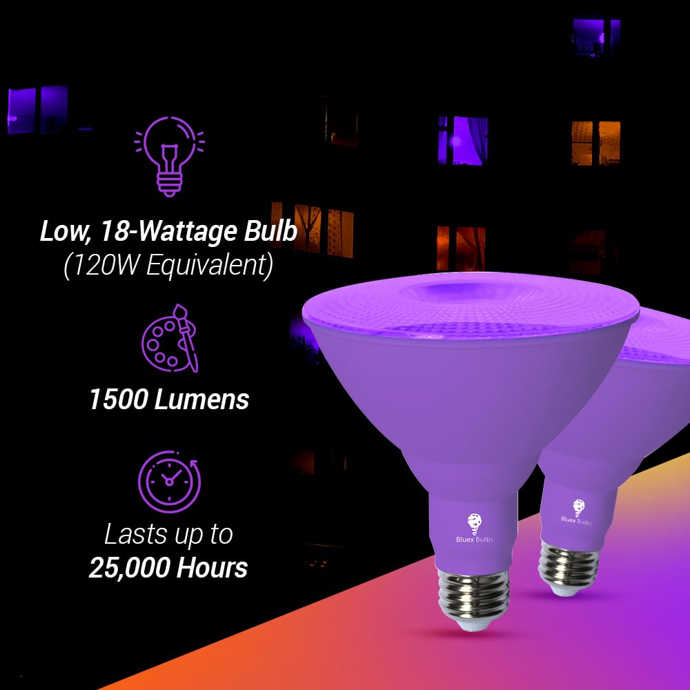 Bluex Bulbs 2 Pack LED Par38 Flood Purple Light Bulb - 18W (120Watt Equivalent) - Dimmable - E26 Base LED Lights, Party Decoration, Porch, Home Lighting, Holiday Halloween Purple Flood Lights Bulb.