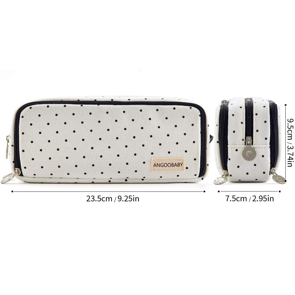 ANGOOBABY Large Pencil Case Big Capacity 3 Compartments Canvas Pencil Pouch for Teen Boys Girls School Students (Black Dot)