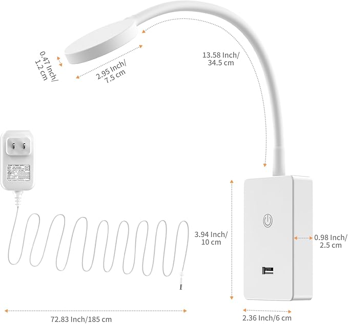 Touch Dimmable LED Bedside Wall Mounted Reading Lamp for Bedroom Nightstand, 4 Brightness Levels (100%- 70%- 35%- 15%), 120° Wide Angle Neutral White Lighting, with 5V2A USB Output Port