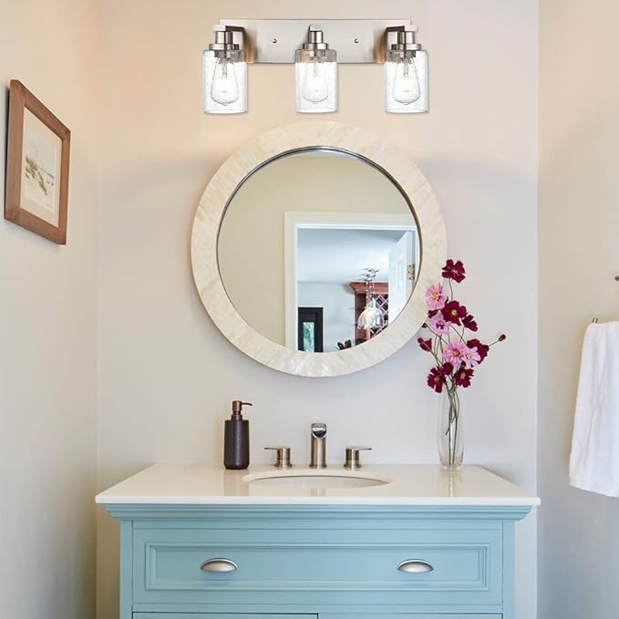 Brushed Nickel Bathroom Vanity Light Over Mirror, 3-Lights Metal Wall Lighting Fixtures with Seeded Glass Shades