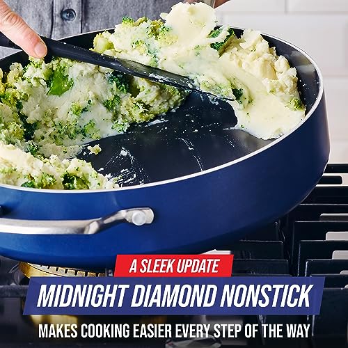 Blue Diamond 5QT Saute Pan with Lid, Non Toxic PFAS-Free Diamond Ceramic Nonstick, Dishwasher & Oven Safe, Metal Utensil Safe, Deep Jumbo Cooker Skillet with Helper Handle, Glass Lid, Blue