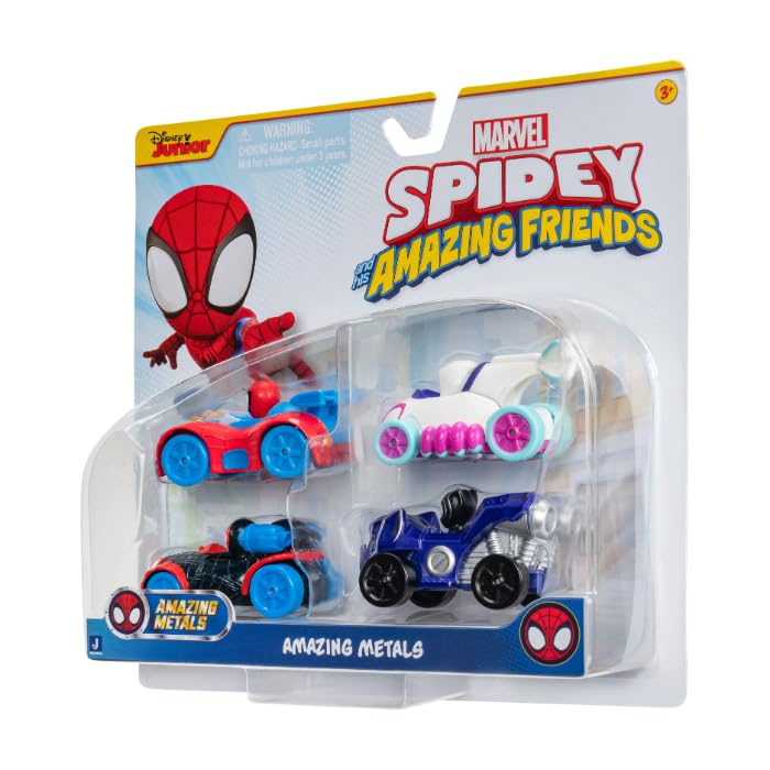 Jazwares Marvel Spidey and Friends 4-Pack Die-Cast Vehicles - Includes Spidey, Ghost-Spider, Black Panther, Miles Morales - Superhero Toys for Kids 3+