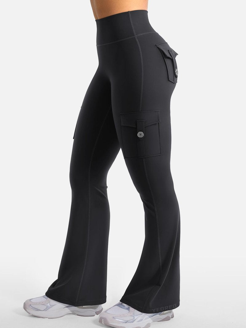 YEOREO CoreFlex Women Workout Flare Leggings with Pockets Hidden Scrunch High Waisted Cargo Gym Yoga No Front Seam Leggings Black L