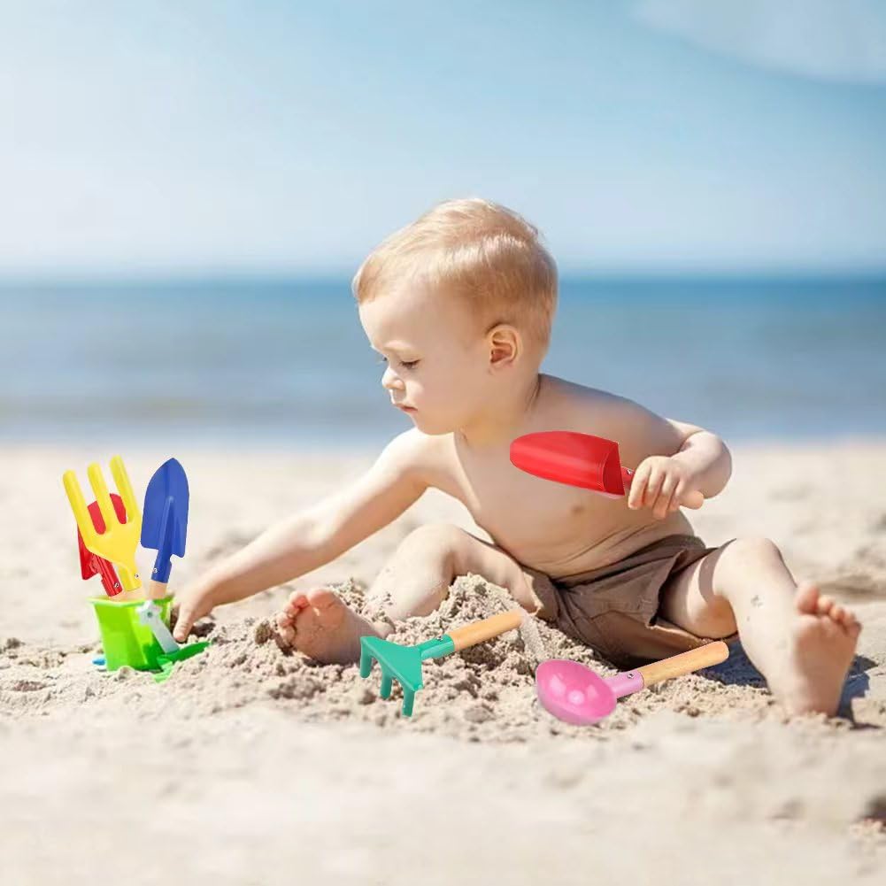 UMUACCAN Beach Toys for Kids,Beach Sand Toys, 8'' Metal Sandbox Toys with Sturdy Wooden Handle,Safe Beach Gardening Set,Spoon, Fork, Trowel, Rake & Shovel for Kids,Snow Shovel(6 pcs)